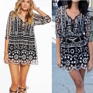 Jen's Pirate Booty Fortune Babydoll Dress Black White Embroidered Boho Size M